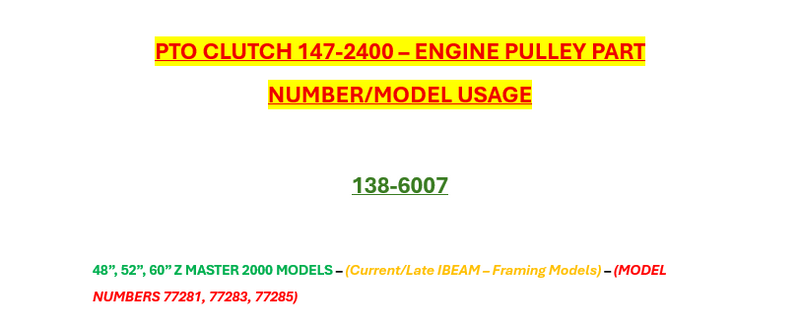 Toro OEM 147-2400 PTO Clutch Fits Current Toro 48", 52", 60" Z Master 2000 Models 77281, 77283, 77285 (With I-Beam Framing and Toro Brand Engines)