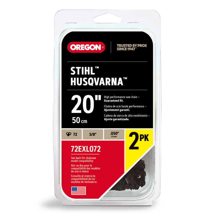 Oregon 20" Professional Full Chisel Chainsaw Chain 2-Pack – 3/8" Pitch, .050" Gauge, 72 Drive Links