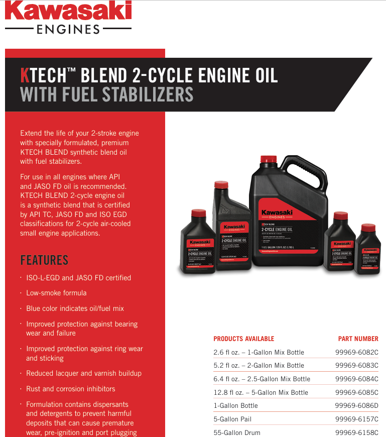 Kawasaki OEM 99969-6085C KTECH Blend 2-Cycle Engine Oil 1 gal.