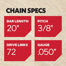 Oregon 24" Professional Full Chisel Chainsaw Chain – 3/8" Pitch, .050" Gauge, 84 Drive Links