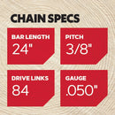 Oregon 20" Professional Full Chisel Chainsaw Chain – 3/8" Pitch, .050" Gauge, 72 Drive Links